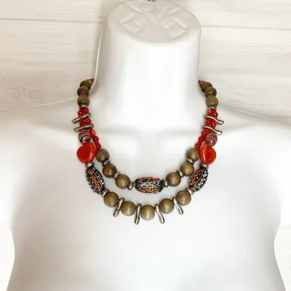 CHICOS Necklace Colorful Beaded Double Strand Tribal Red Brown Silver Vintage - Picture 6 of 11